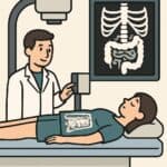 Medical professional and patient undergoing abdominal X-ray for health diagnostics.