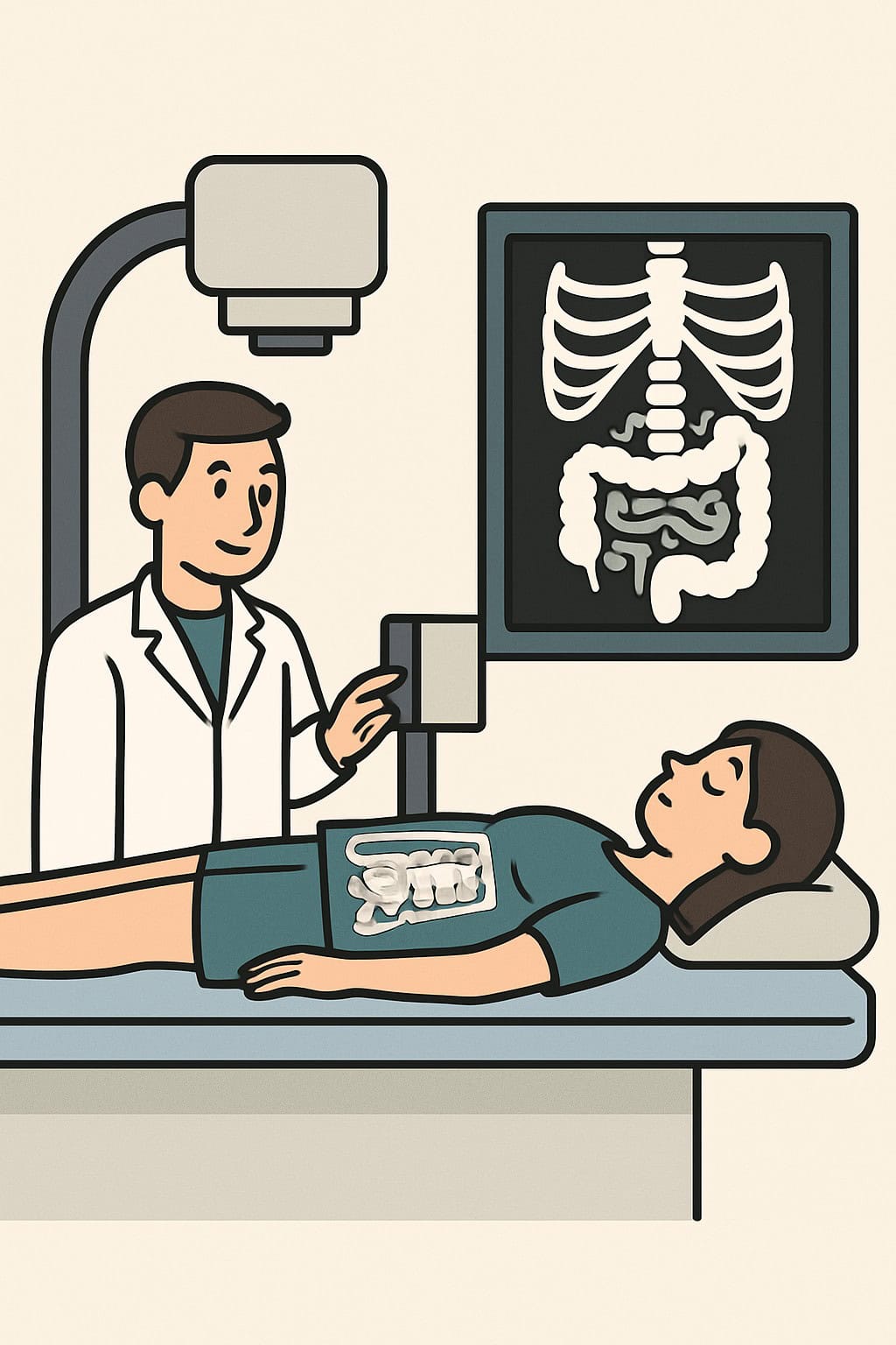 Abdominal X-ray series (acute abdomen imaging) procedure illustration