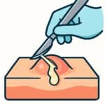 A hand using a scalpel to perform a dermatological or surgical procedure on skin tissue.