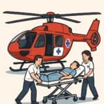 Emergency medical helicopter transporting patient to hospital. Medical staff attending to patient on stretcher with helicopter in the background. Air ambulance providing urgent healthcare services.