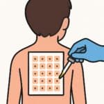 Microneedling treatment for skin rejuvenation, showing a healthcare professional applying microneedling to a patient's back with a grid pattern.