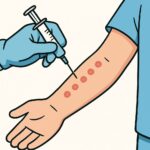 Syringe administering vaccine injection into patient's arm for healthcare and immunization purposes.