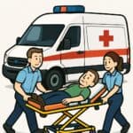 Emergency medical response team transporting patient to hospital ambulance, medical care, first aid, health services, urgent healthcare access, healthcare professionals, patient transport, medical emergency.