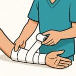 Emergency medical care for fractured arm with medical tape and bandage.