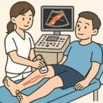 Ultrasound examination of a patient's leg for vascular health assessment within a medical clinic setting. Healthcare professional performs diagnostic ultrasound, providing essential vascular health insights.
