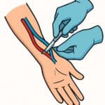 Testing blood flow in arm with a medical device during blood pressure measurement or medical procedure.