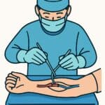 Emergency medical technician performing a chest incision in an emergency surgical procedure.