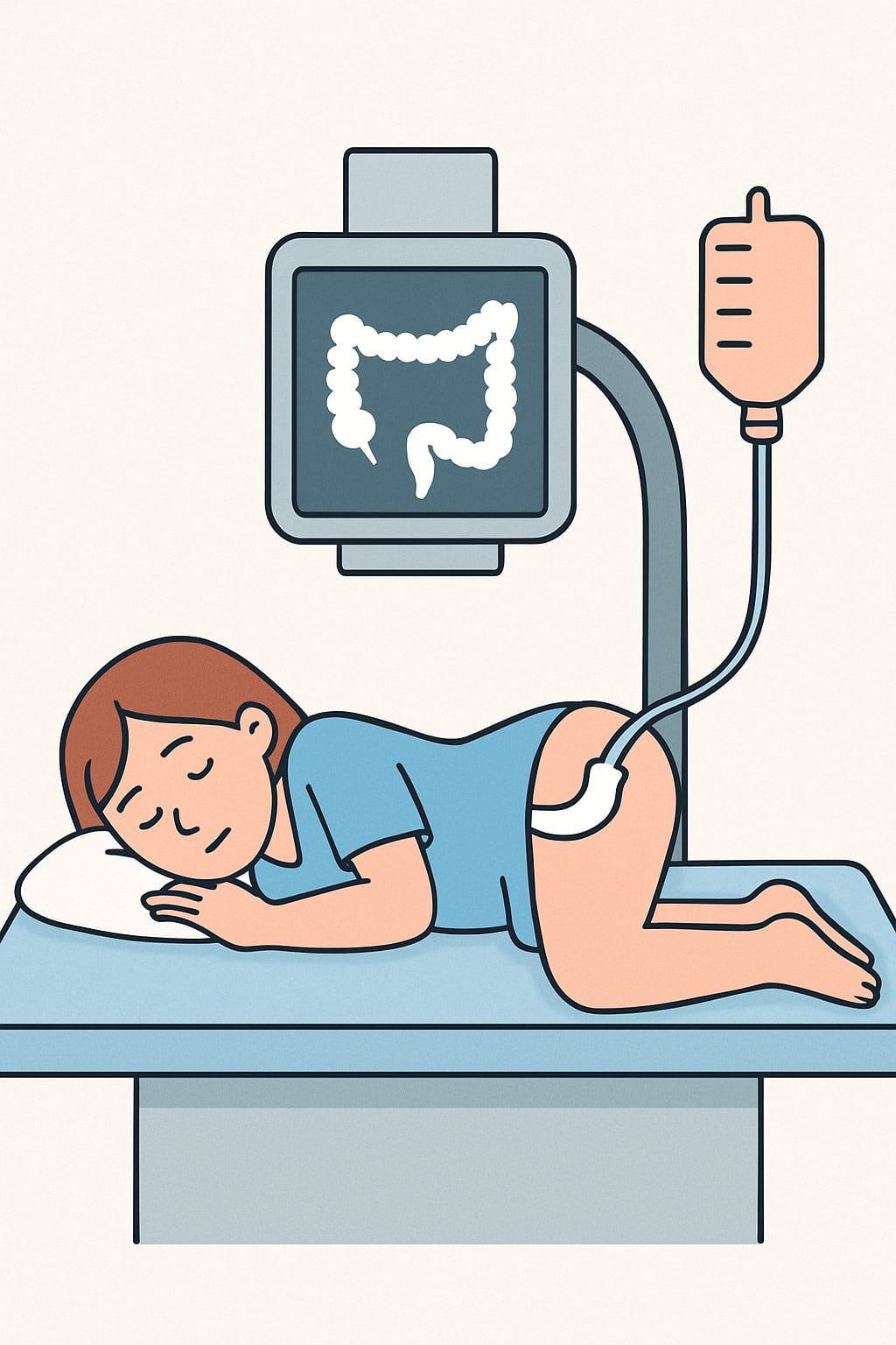 Barium enema (lower GI contrast X-ray) procedure illustration