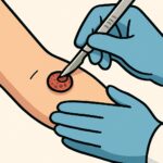 Necrotic skin ulcer biopsy being performed with a scalpel and forceps by a healthcare professional in a clinical setting.