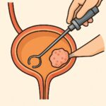 Uninsured testicular cancer screening box with a medical tool and sample within a urinary bladder illustration.