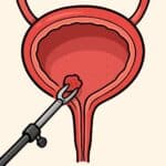Bladder cancer illustration, with a medical tool examining the bladder, highlighting urological health, early diagnosis, and treatment options for bladder cancer.
