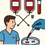 Blood donation process with blood bags, test tubes, and healthcare professional, emphasizing safe and healthy blood donation for medical needs.