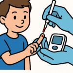 Blood glucose testing for children, healthcare, diabetic management, foot prick blood test, medical device, diabetes monitoring, pediatric health, health diagnostics, wellness care, blood sugar level check.