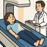 X-ray examination of a patient lying on the hospital bed being attended by a healthcare professional. The medical imaging process is essential for diagnosing health conditions and is part of comprehensive healthcare services.