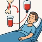 Blood donation process illustration, showing blood being transferred from a donor to a patient, highlighting health and medical blood donation services.