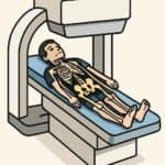 MRI scan of a young man with a visible skeletal system, lying on the examination table under the MRI machine for detailed medical imaging and diagnosis.
