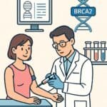 Genetic testing for BRCA2 gene mutations for breast and ovarian cancer risk assessment. Medical professional provides testing to a female patient in a clinical setting.