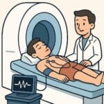 High-quality medical imaging equipment with a healthcare professional and a patient undergoing an MRI scan, emphasizing advanced diagnostic medical technology and health services.