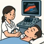 Ultrasound technician performing a medical ultrasound scan on a patient, with ultrasound monitor displaying internal images, in a clinical healthcare setting.