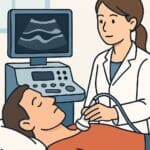 Ultrasound medical imaging for patient health diagnostics, performed by healthcare professionals to assess internal body structures and support medical decision-making.