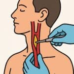 Laryngoscopy procedure for airway examination, healthcare medical illustration of a patient with a doctor inserting a scope into the throat for diagnosis and treatment.