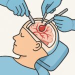 Minimally invasive brain surgery illustration showing surgical tools and brain blood vessels, emphasizing advanced neurosurgery techniques for brain health and treatment.