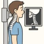 X-ray scan of a patient's cervical spine and skull, illustrating medical imaging for diagnosis and treatment of neck and head issues in healthcare settings.
