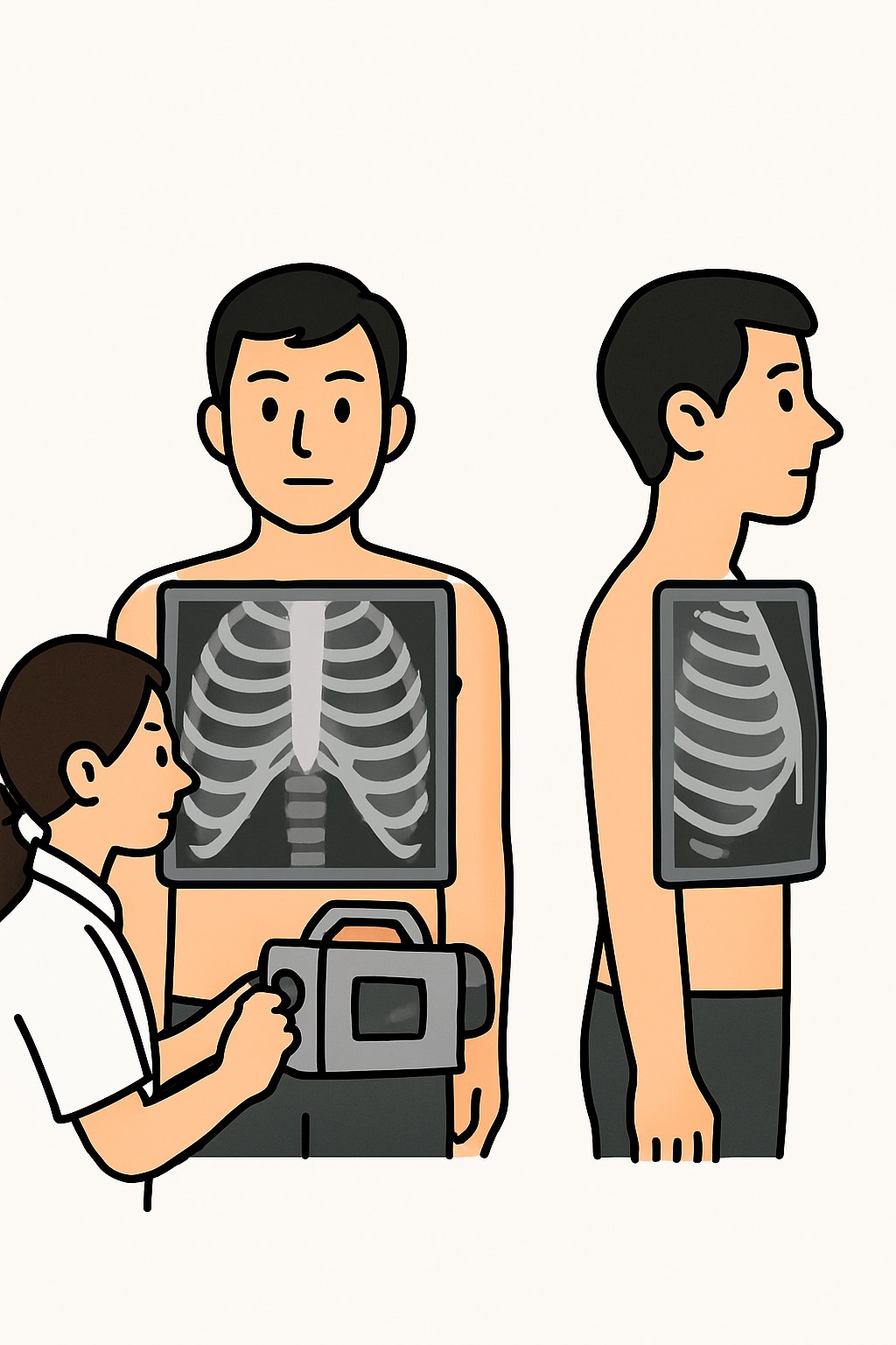 Chest X-ray (2 views - portable film) procedure illustration
