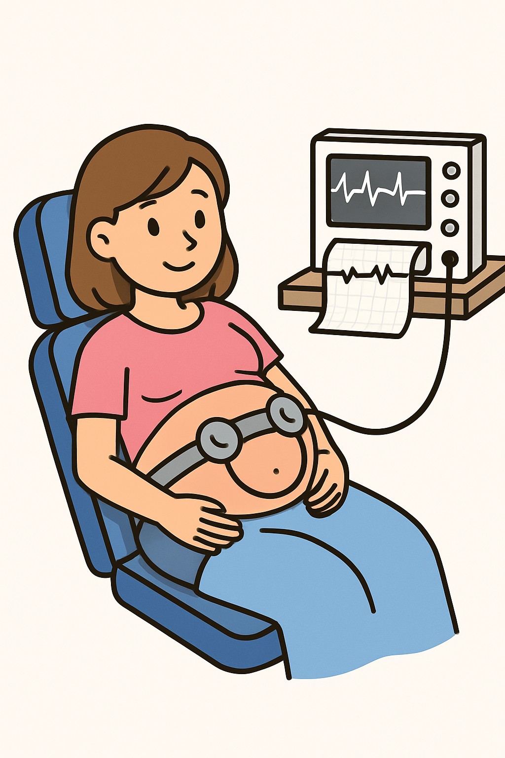 Fetal non-stress test (baby heart rate monitoring) procedure illustration
