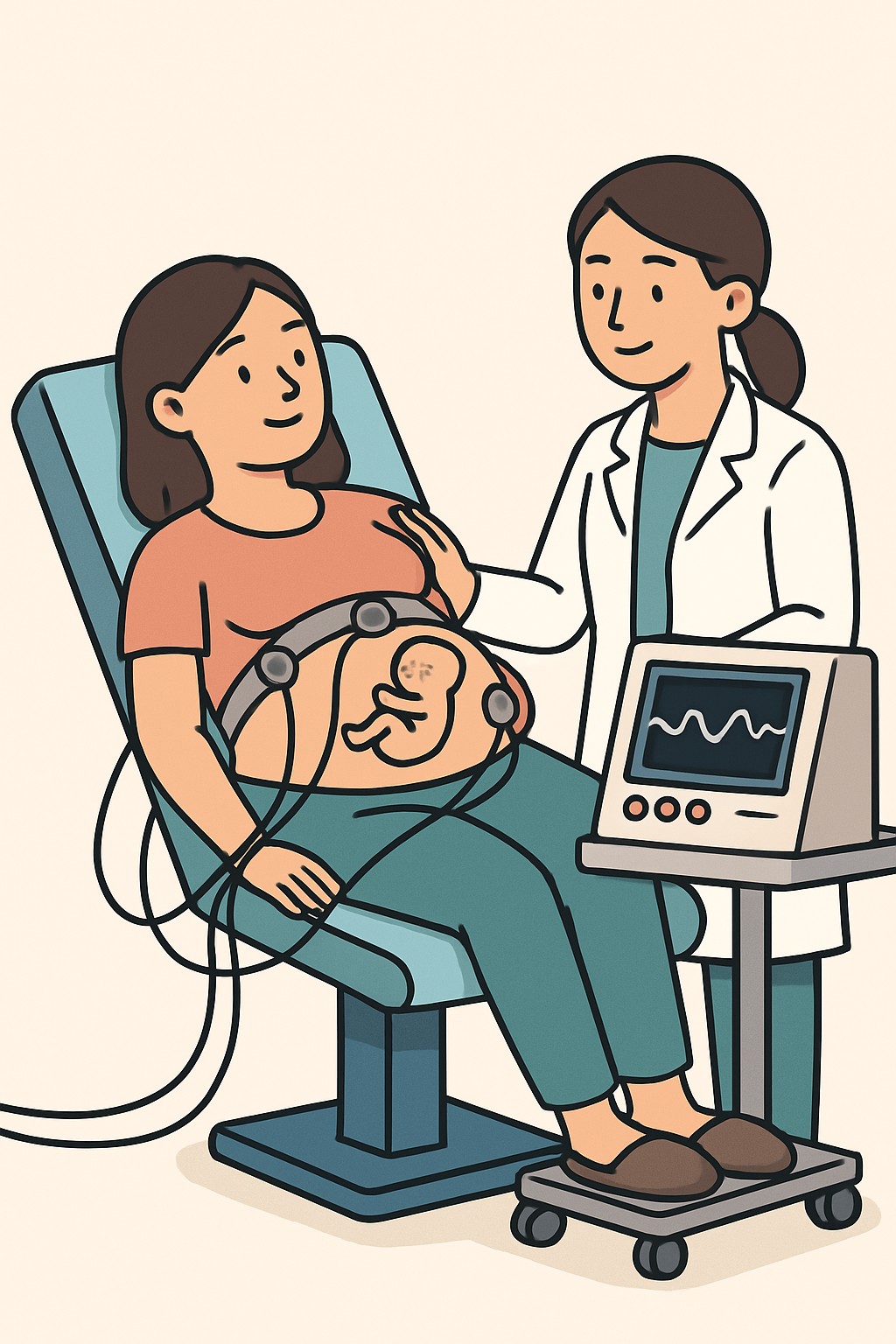 Fetal non-stress test (NST monitoring) procedure illustration