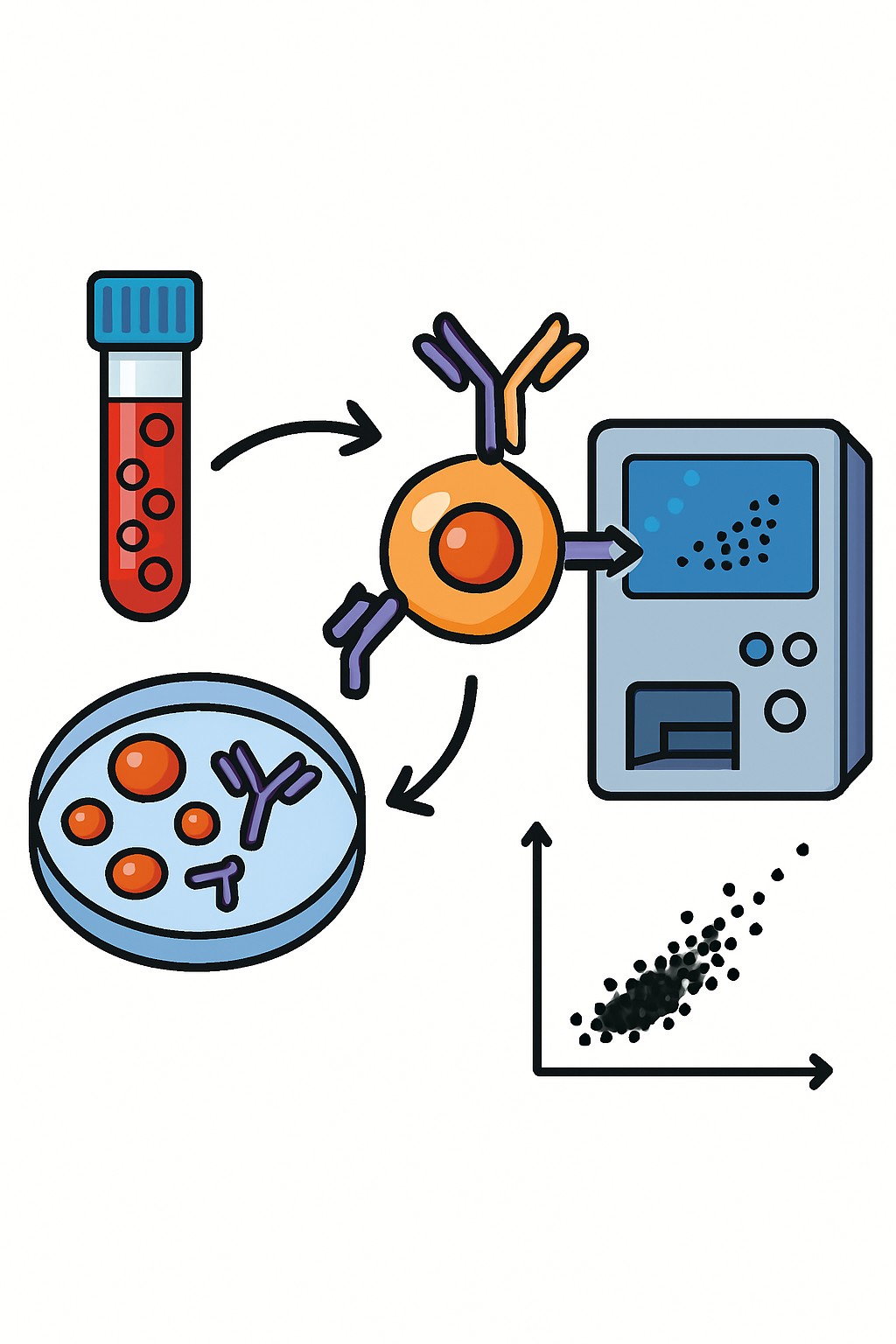Flow cytometry immunophenotyping (cell analysis) procedure illustration