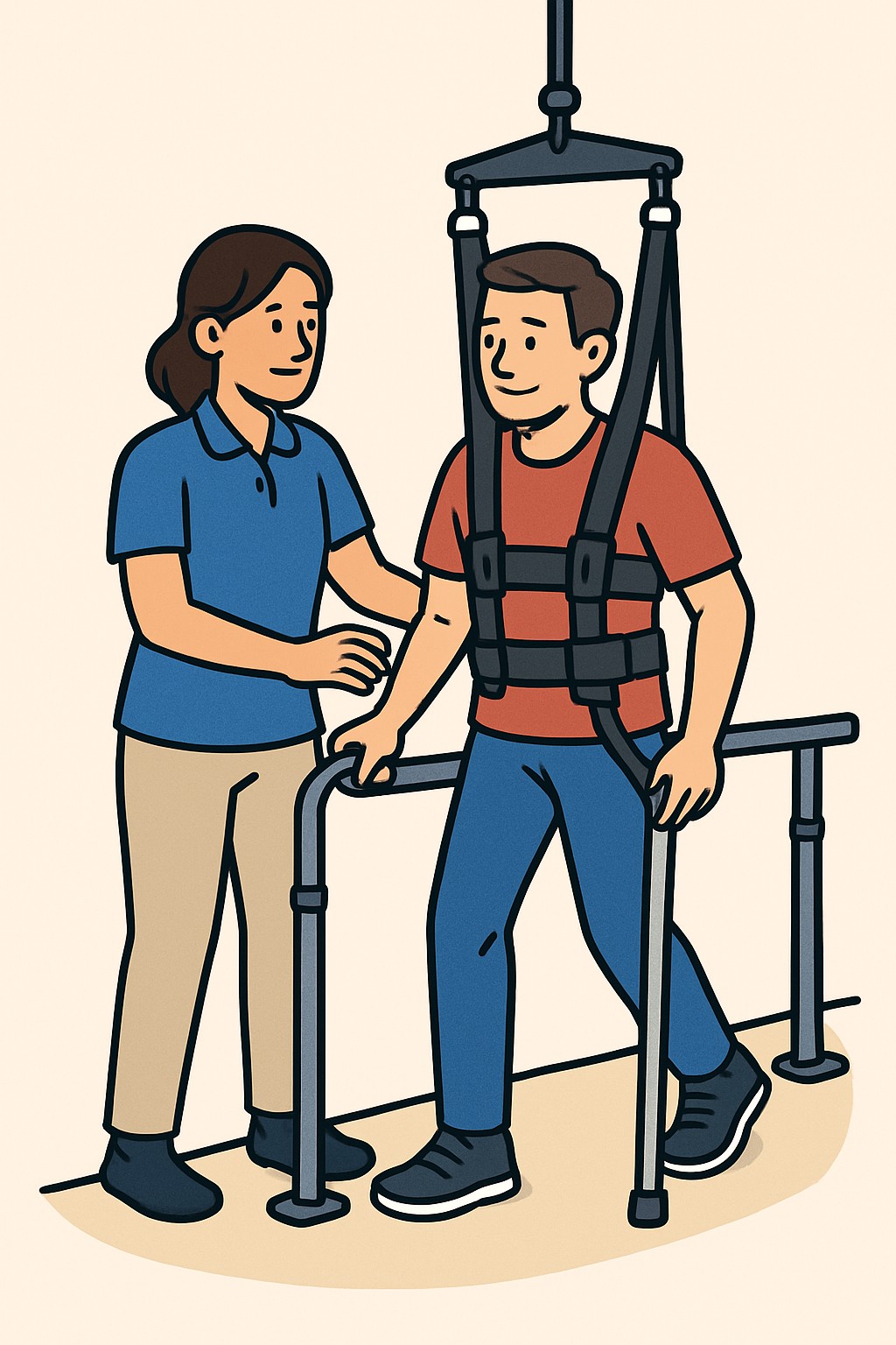 Gait training therapy (walking therapy) procedure illustration