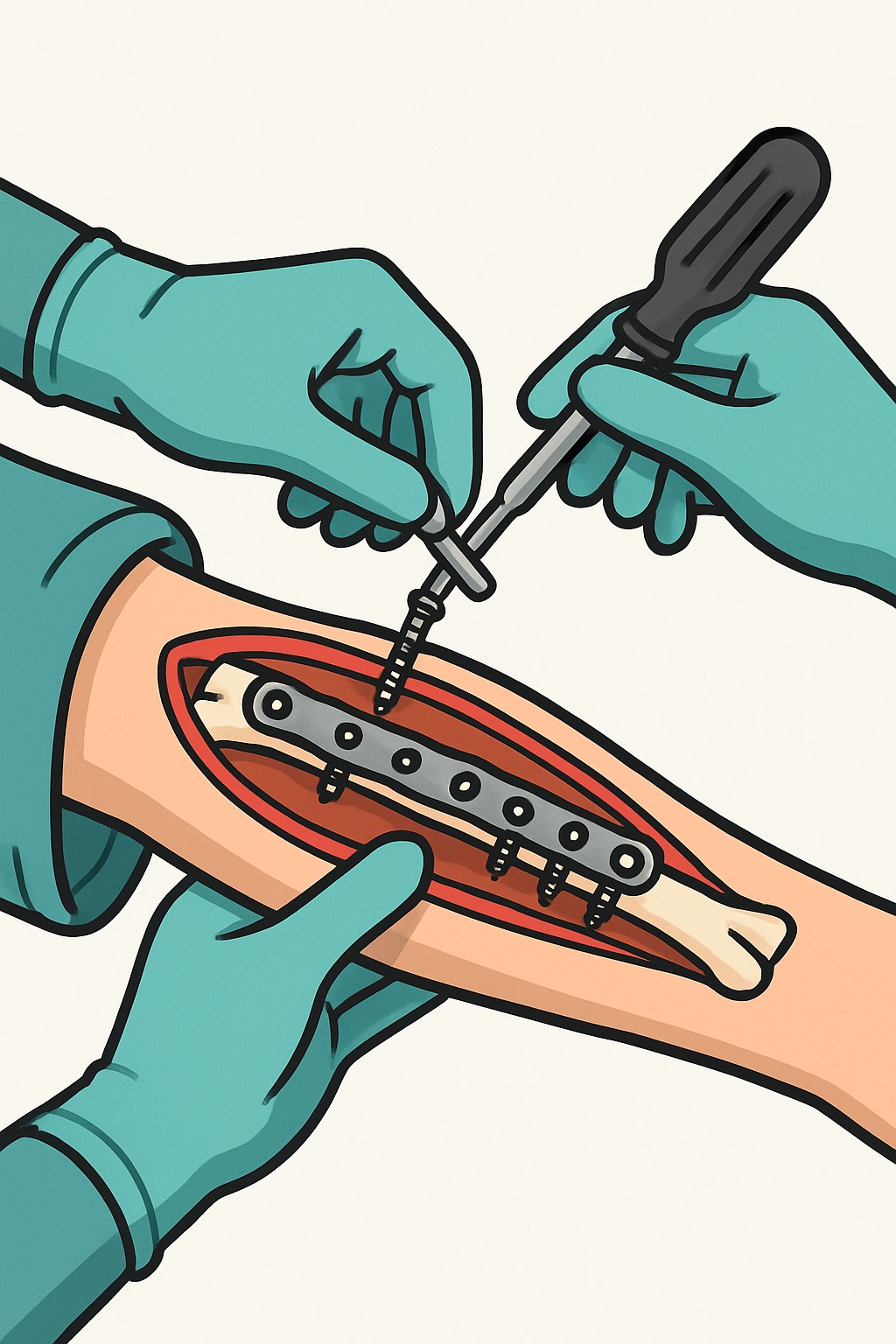Hardware removal surgery (removal of implanted plate/rod) procedure illustration