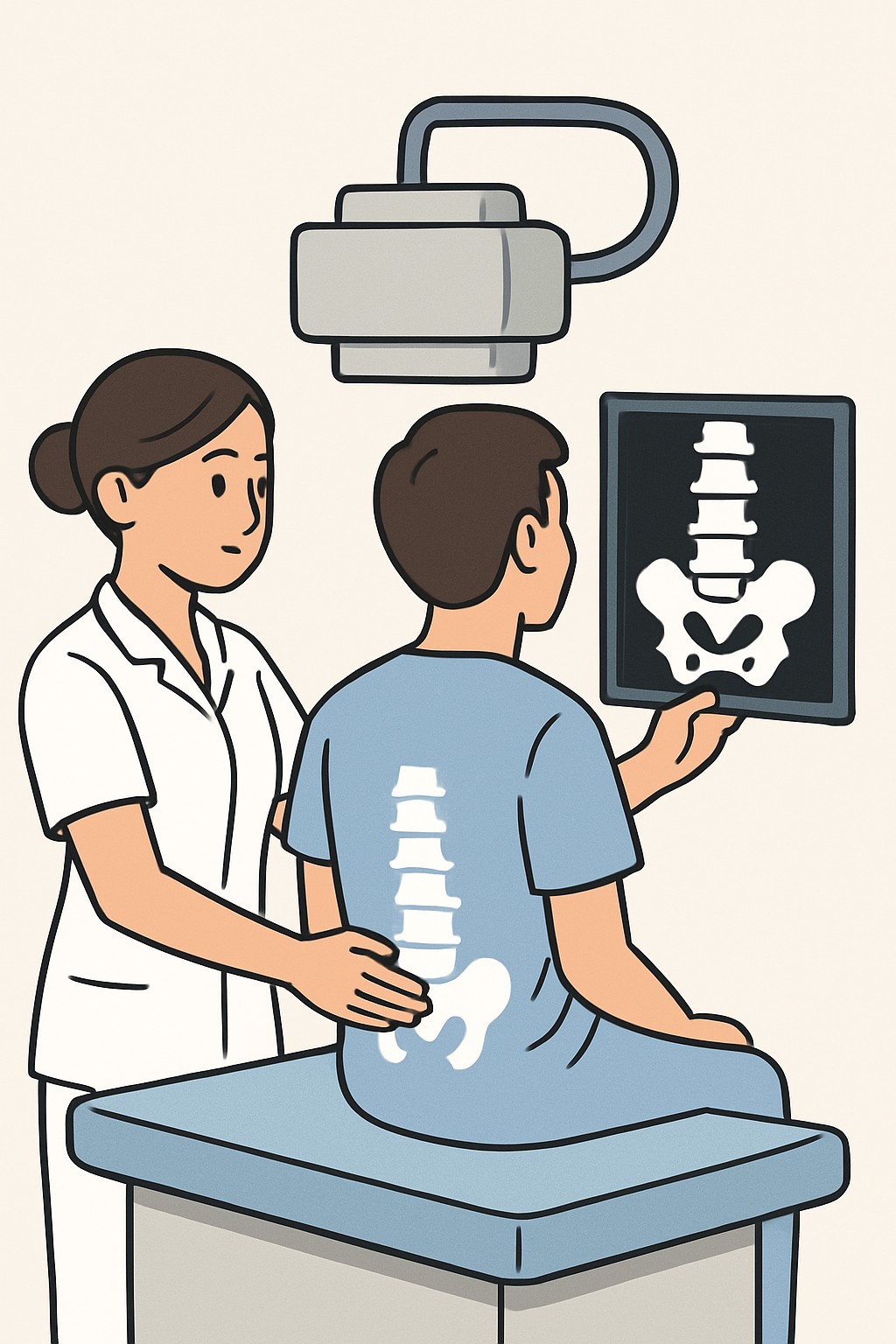 Lumbar spine X-ray (lower back) procedure illustration