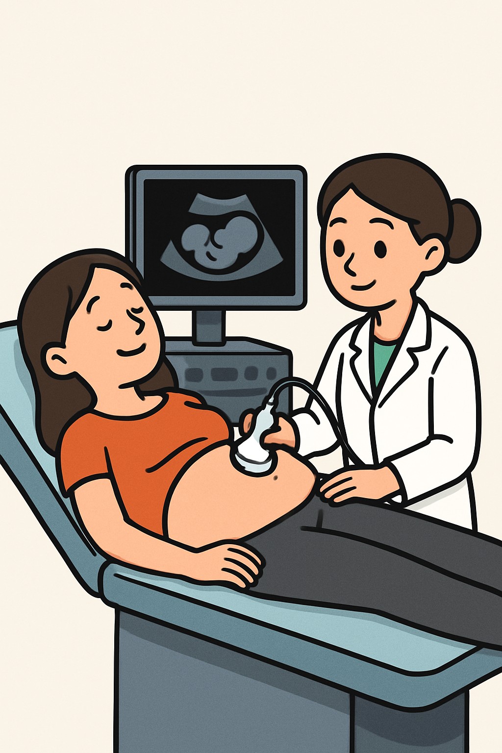 Obstetric Ultrasound (mid-pregnancy anatomy scan) procedure illustration