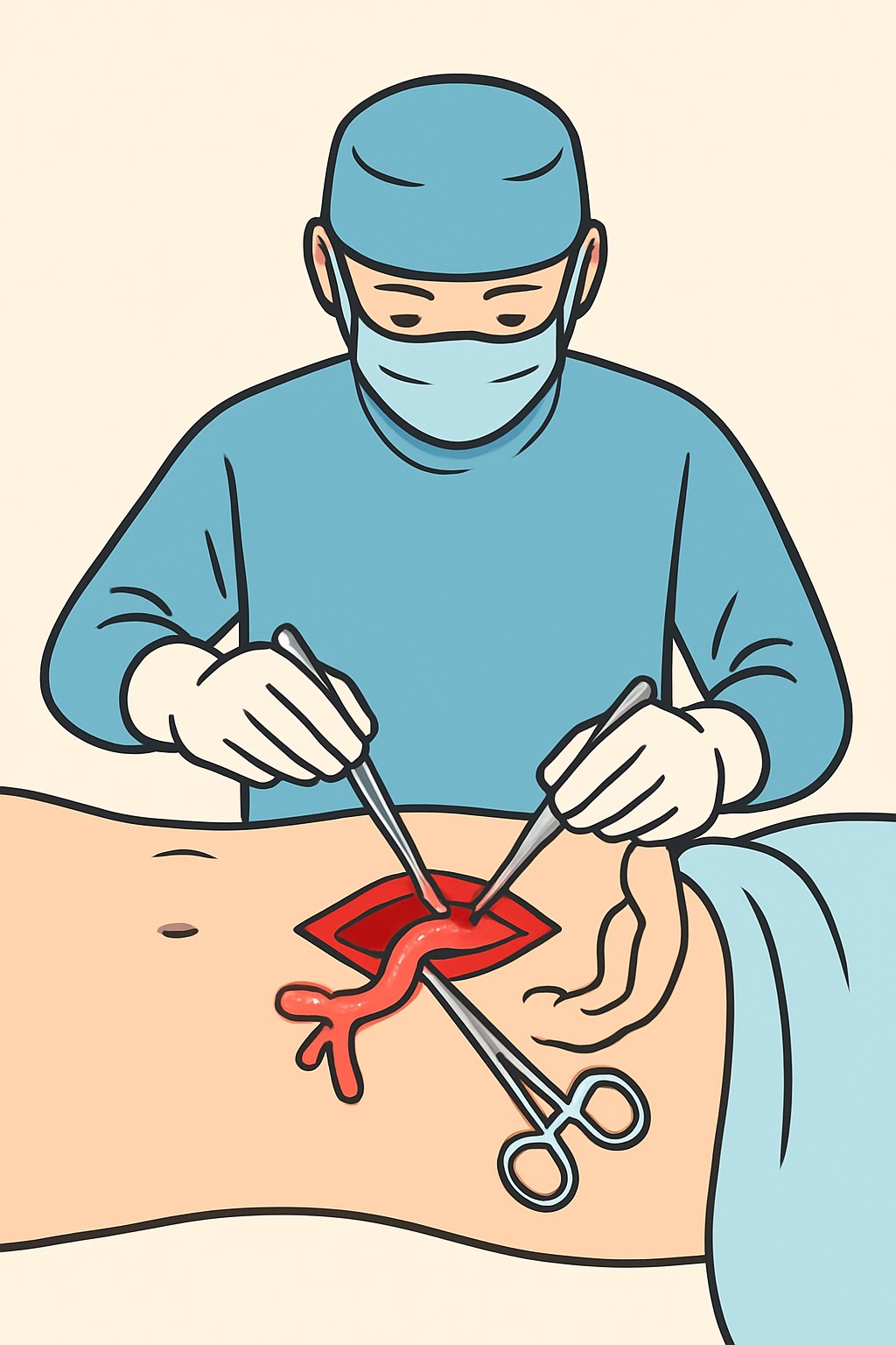 Open appendectomy (appendix removal - open surgery) procedure illustration