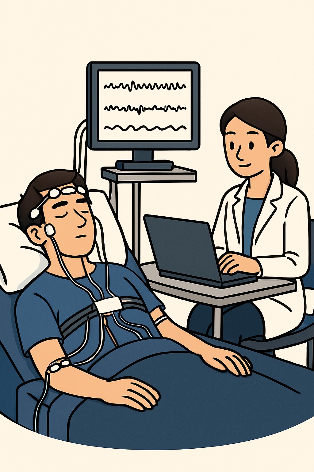 Polysomnogram (Overnight Sleep Study) procedure illustration