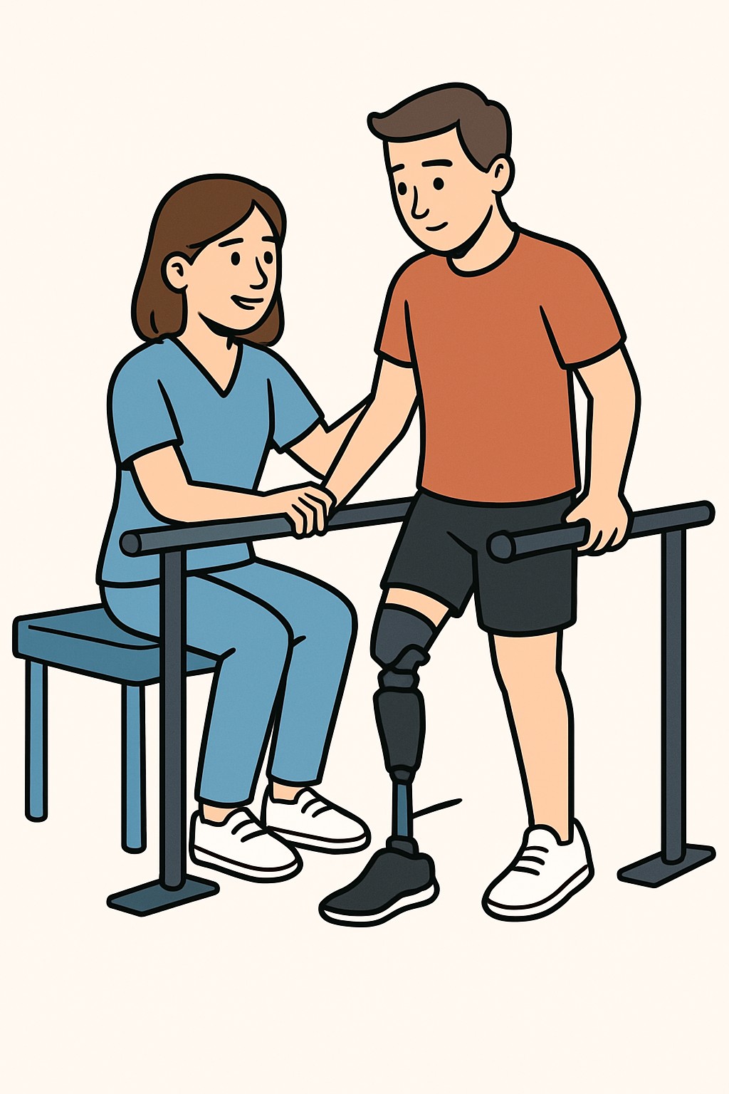 Prosthetic training (learning to use artificial limb) procedure illustration