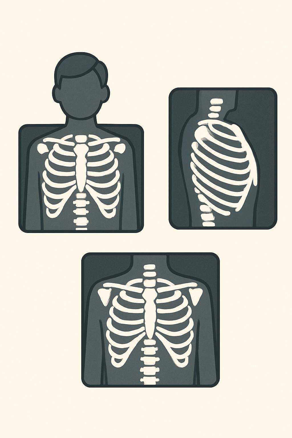 Rib cage X-ray (multiple views) procedure illustration