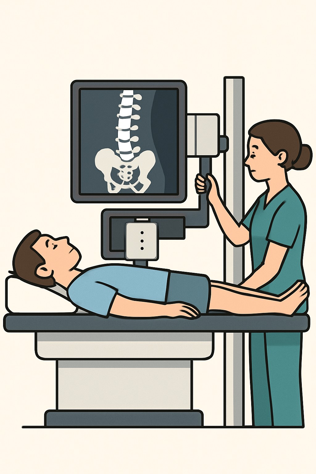 Spine X-ray (lumbosacral 2-3 views) procedure illustration
