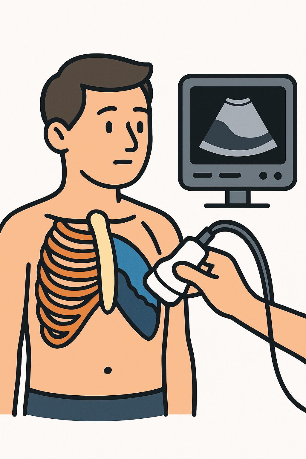 Ultrasound of chest (e.g. pleural fluid scan) procedure illustration