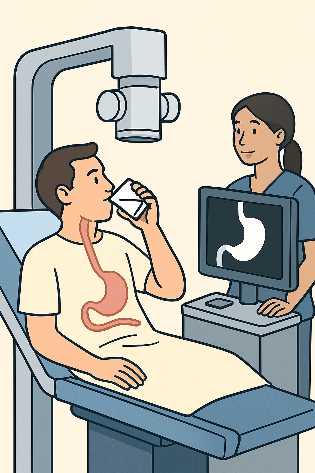 Upper GI series (barium swallow exam) procedure illustration