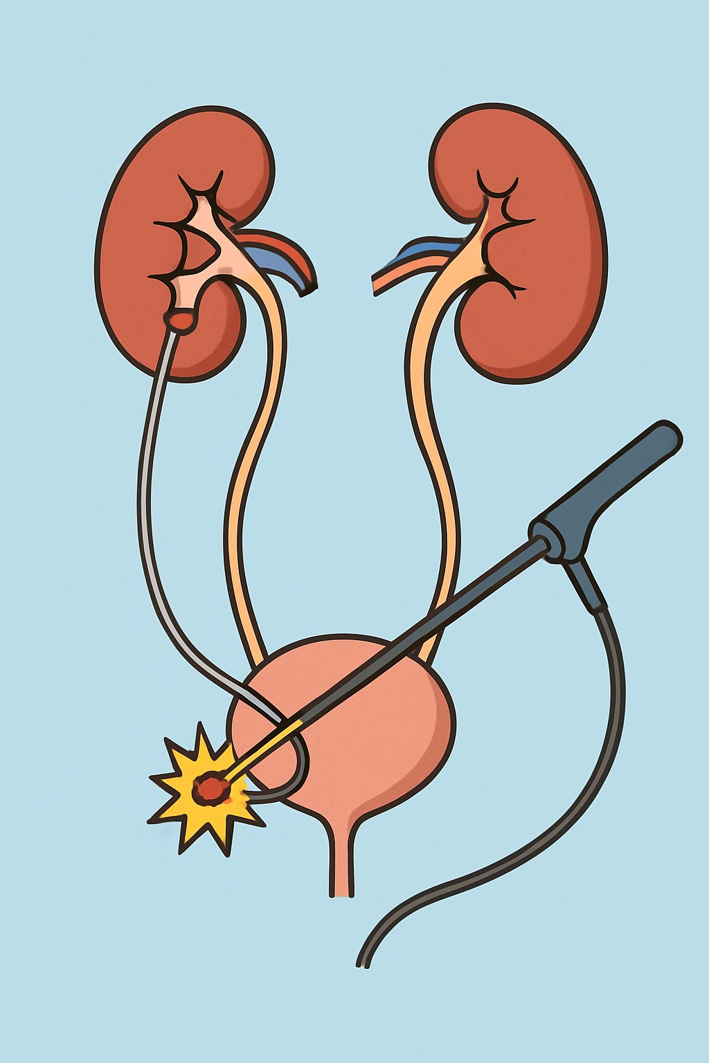 Ureteroscopy with laser lithotripsy procedure illustration