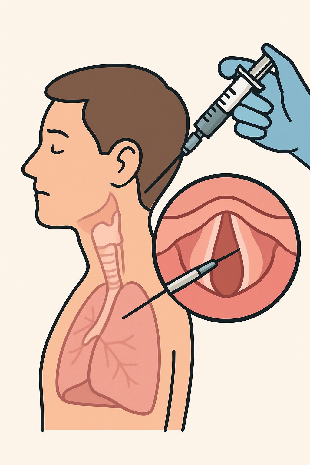 Vocal cord injection (voice therapy procedure) procedure illustration