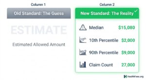 Comparison of old and new healthcare cost standards showing median, 10th and 90th percentiles, and claim count for accurate health expense estimation.