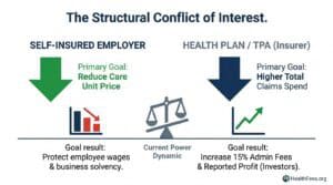 Illustration showing the conflict of interest in healthcare pricing, comparing self-insured employers' focus on reducing costs with health plans' goal of increasing claims spend.