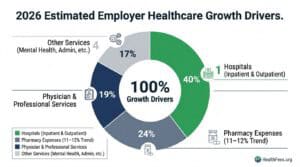 Chart illustrating key healthcare growth drivers for 2026, including hospitals, physician services, pharmacy expenses, and other services.