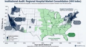 Interactive map illustrating regional hospital market consolidation and competition levels across the United States.
