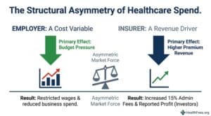 Illustration showing the structural asymmetry in healthcare spending, highlighting the employer's focus on budget pressure and the insurer's emphasis on revenue growth.