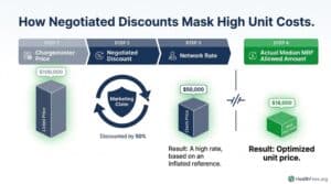 Illustration showing how negotiated discounts reduce high unit costs, leading to optimized pricing in healthcare.